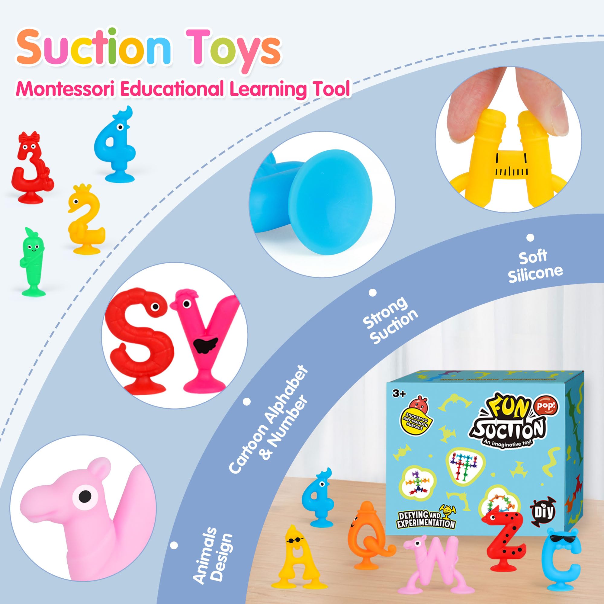 Suction Toys Kids Bath Toy for Toddler Aged 3, 30PCS Silicone Animal Alphabet Number Sucker Toy, Montessori Sensory Toy Gift for Kids Aged 4-8, Educational Spelling Fidget Toys for Autism/ADD/ADHD