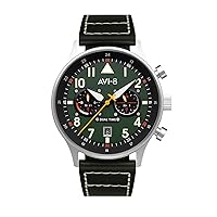 AVI-8 Mens 43.5mm Hawker Hurricane Carey Dual Time Japanese Quartz Pilot Watch with Leather or Stainless Steel Strap AV-4088