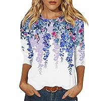 Women T Shirt Crew Neck Cute Dressy Blouses Loose Fit Boho Floral Shirts 3/4 Sleeve Trendy Summer Tops