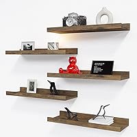 RICHER HOUSE 5 Set Floating Shelves for Wall Decor, Wall Mounted Book Shelf, Nursery Shelves Picture Ledge Shelf with Lip for Wall Storage, Bedroom, Living Room, Bathroom - Brown