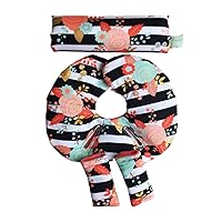 Infant Car Seat Head Support Set, Coral Gold Floral and Black White Stripes, Newborn Head Rest, Baby Strap Covers, Carry Cushion