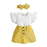Cute Girls Clothes Toddler 3PCS Set Stylish Apparels with Headband Kid Summer Fly Sleeve Blouse and Skirts (Yellow, 18-24 Months)