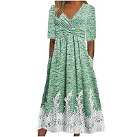Women 3/4 Sleeve Cross Bandage Knit Ribbed A-Line Dress Summer Button Decoration Fashion V Neck High Waist Dresses