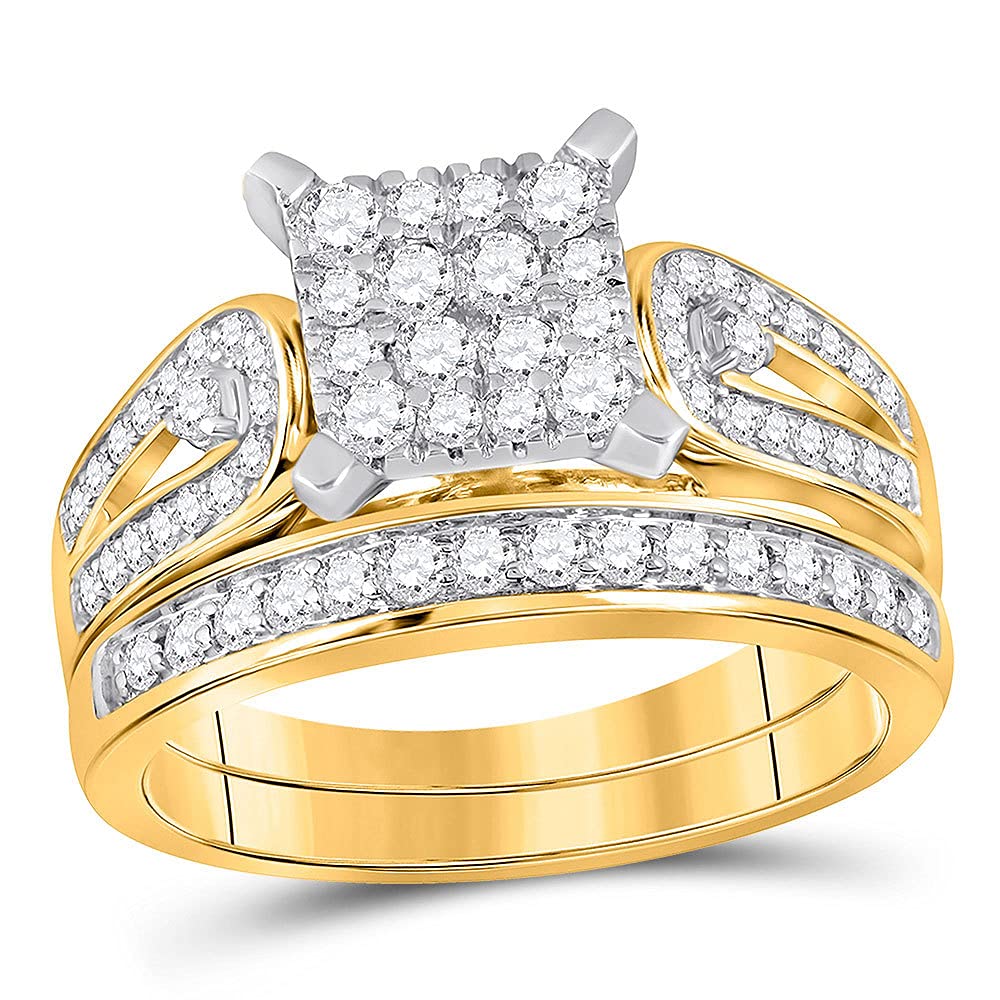 The Diamond Deal 14kt Yellow Gold His Hers Round Diamond Square Matching Wedding Set 1-1/5 Cttw