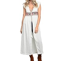 Embroidered Long Tie Vest Boho Off White