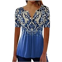 3/4 Sleeve Shirts for Women Empire Waisted Henley Blouse V Neck Button Tunic Tops Floral Basic Teacher Shirts