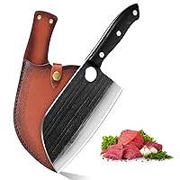 7 Inch Hand Forged Serbian Chef Knife Full Tang Butcher Knife Meat Cleaver Chopper Knife Professional Kitchen Knife With Gift Box Leather Sheath For Outdoor Camping BBQ Hunting Fishing