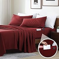 Swift Home Smart Sheets, Ultra Soft Brushed Microfiber 4-Piece Sheet Set, Fitted Bed Sheet with Side Storage Pockets – Burgundy, Full