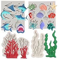 Marine Theme Fondant Mold Coral Silicone Molds Ocean Shark Shell Starfish Octopus Turtle Candy Mold For Cake Decorating Cupcake Topper Chocolate Gum Paste Set Of 4