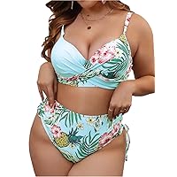 Womens Plus Size Bikini Sexy High Waisted Swimsuits Floral Cross Top Two Piece Bathing Suit Tummy Control