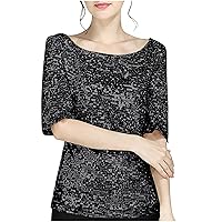 Sequin Tops for Women Short Sleeve Crewneck T Shirts Fashion Shiny Sparkly Glitter Party Tops Dressy Blouses