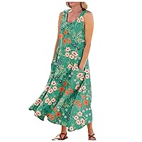 Summer Dresses for Women 2024,Womens Retro Floral Print Crewneck Sleeveless Maxi Dress Flowy Long Dress with Pockets