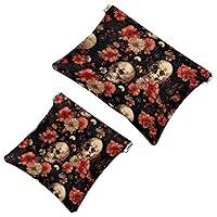 Aesthetic Skulls with Red Flowers Pattern Pocket Cosmetic Bag, Waterproof Squeeze Makeup Bag No Zipper Self-Closing, Portable Mini Travel Storage for Headphones Jewelry