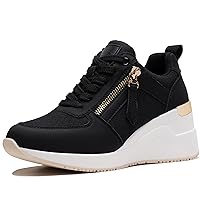 Viscozzy Black Fashion High Wedge Sneakers for Women， Lace Up Casual High Heel Shoes Walking Shoes Hidden Sneakers W139-SZW36-BLACK-7