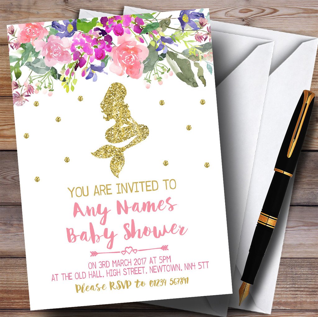 The Card Zoo Floral Gold Mermaid Invitations Baby Shower Invitations