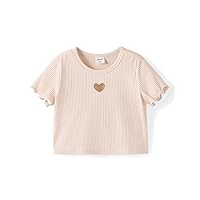 PATPAT Toddler Kid Girls Rib-Knit Short Sleeve Crop Top Heart Hollow Out Tee Graphic Round Neck T-Shirts