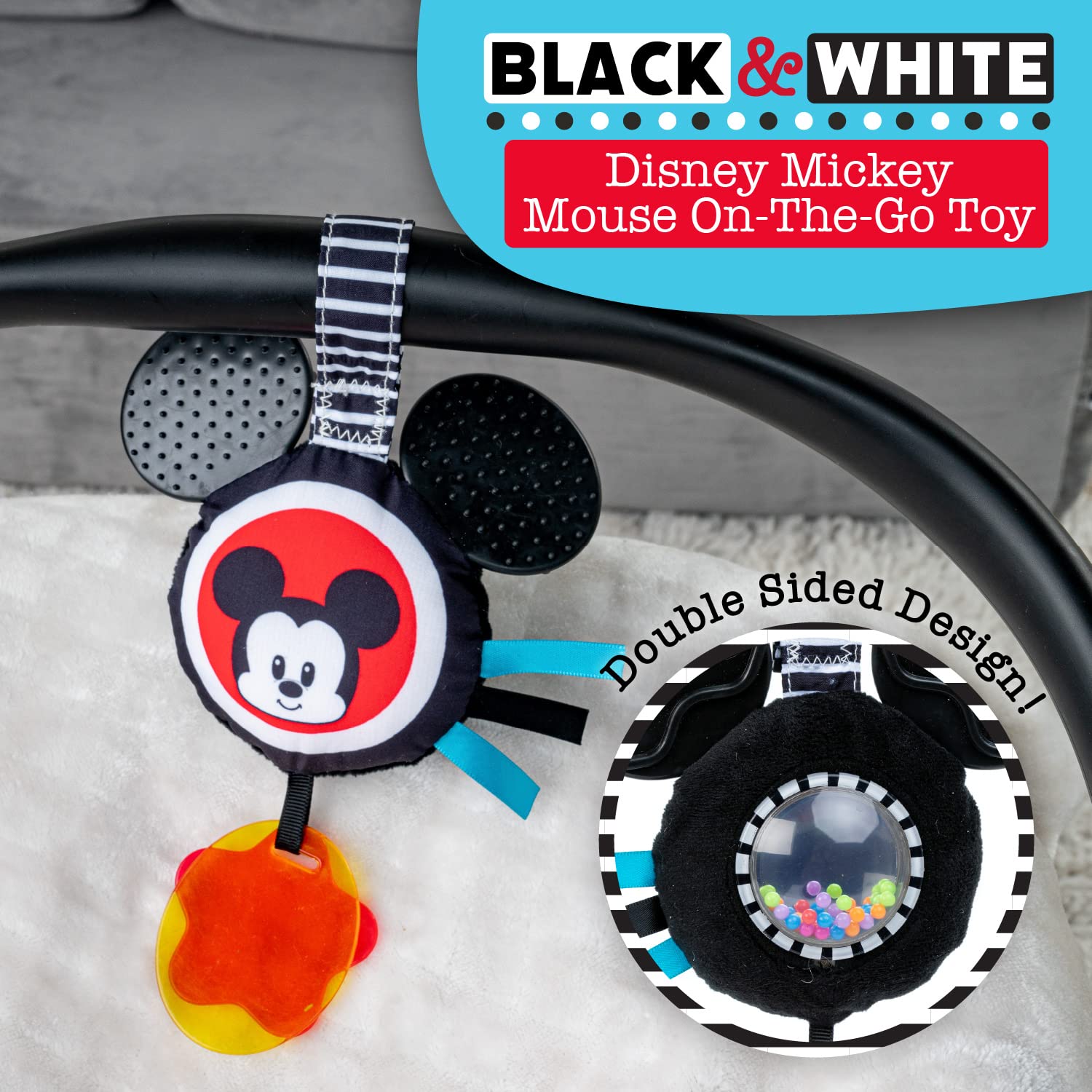KIDS PREFERRED Disney Baby Mickey Mouse Hanging Toy, Black and White High Contrast Crinkle Plush, Boys and Girls Ages 0+, Stroller On The Go Activity Toy (81246)