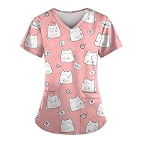 Plus Size Scrub Tops 2024 Stretchy Vneck Short Sleeve Cute Animal Printed Holiday Nursing Working Uniforms Pocketed