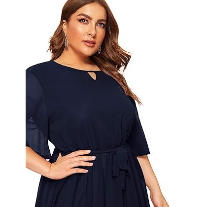 Romwe Women's Plus Size Chiffon Elegant Flared Short Sleeve Belted Cocktail Party Swing Midi Dress