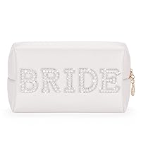 Etercycle Bride Letter Makeup Bag, Bride To Be Gifts Bling Pearl Rhinestone Patch Cosmetic Bag, Waterproof PU Travel Toiletry Bag for Bachelorette Party Women Wedding Bridal (Silver)