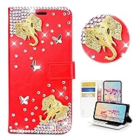 STENES Bling Wallet Phone Case Compatible with iPhone 15 Plus - Stylish - 3D Handmade Elephant Butterfly Design Leather Girls Women Cover with Neck Strap Lanyard [3 Pack] - Red