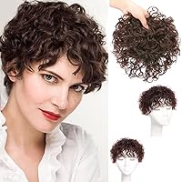 Breathable Permanent Curly Human Hair Topper with Bangs Seamless Fluffy Short Curly Clip in Topper Hair Pieces for Women with Thinning Hair Cover Grey Hair Add Hair Volume(Dark Brown,Short)