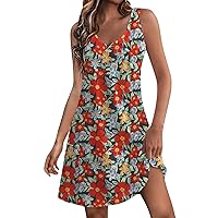 Women's Casual Sundress with Pockets Summer Boho Beach Dress Floral Blouses T-Shirts Dress V Neck Loose Tank Dresses
