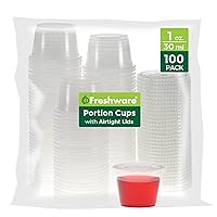 Plastic Portion Cups with Lids [1 Ounce, 100 Sets] Disposable Plastic Cups for Meal Prep, Salad Dressing, Jellos Shot Cups, Souffle Cups, Condiment and Dipping Sauce Cups
