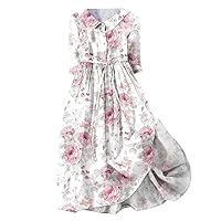 Maxi Dress,Women Korean Style Dresses Lace Up Waist Defined Shirt Midi Dress Summer Half Sleeve Trendy A Line