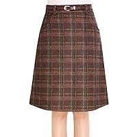 Women's High Waist Wool Blend A-line Plaid Checked Midi Tartan Skirt Knee Length with Waistband