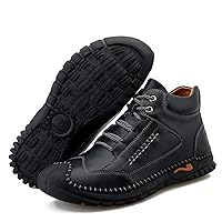 Men's Lace-up Leather Ankle Boots,Casual Handmade Waterproof Chukka Oxfords Hiking Boots Non-Slip Breathable Winter Boots Lightweight (Color : Black Plus Cotton, Size : 8.5)
