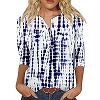 Womens 3/4 Sleeve T Shirts Color Block Printed Graphic Tees Classic Button Up Blouses Loose Fit Trendy Summer Tops