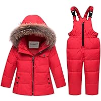 SANMIO Baby Boys Girls Two Piece Snowsuit, Toddler Winter Hooded Puffer Down Jacket Coat with Ski Bib