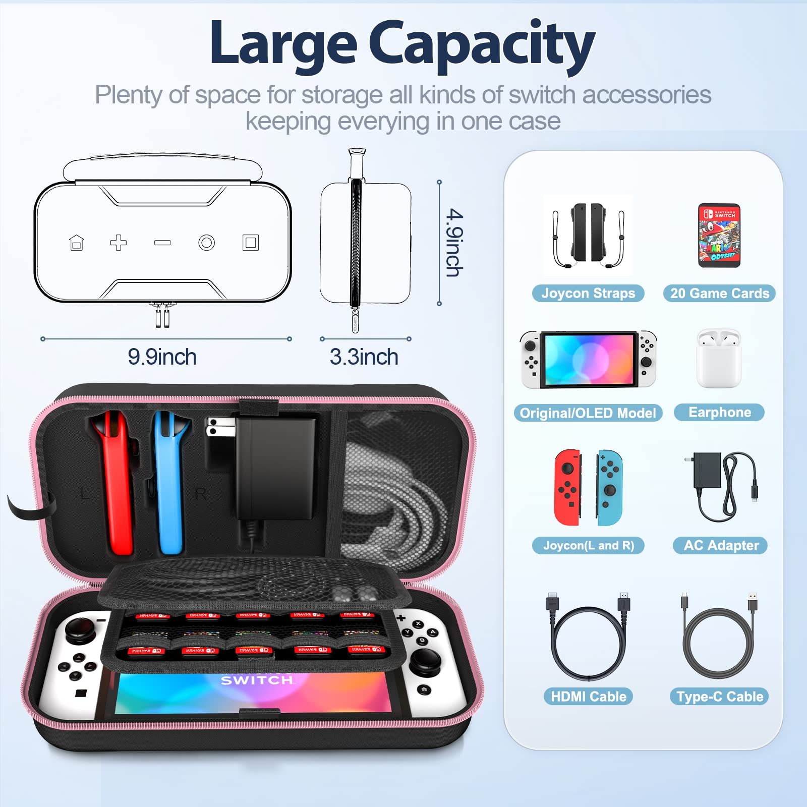 Switch OLED Carrying Case Compatible with Nintendo Switch/OLED Model, Portable Switch Travel Carry Case Fit for Joy-Con and Adapter, Hard Shell Protective Switch Pouch Case with 20 Games, Pink
