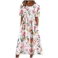 Sundresses for Women Summer Casual Print Round Neck Short Sleeve Loose Dress Bohemian Summer Beach Dress