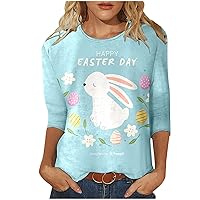 Happy Easter Day Shirts for Women 3/4 Sleeve Round Neck Rabbit Print Cute Tops Going Out Loose Casual Blouses Tees