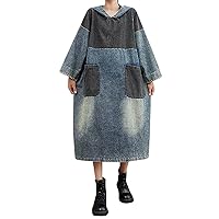 XJYIOEWT Cocktail Dresses for Women Over 50,Womens Retro Contrast Denim Hooded Mid Length Dress Women Slit Loose Skirt D