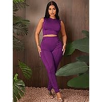 Two Piece Outfits for Women Solid Contrast Piping Crop Tank Top & Leggings (Color : Purple, Size : X-Small)