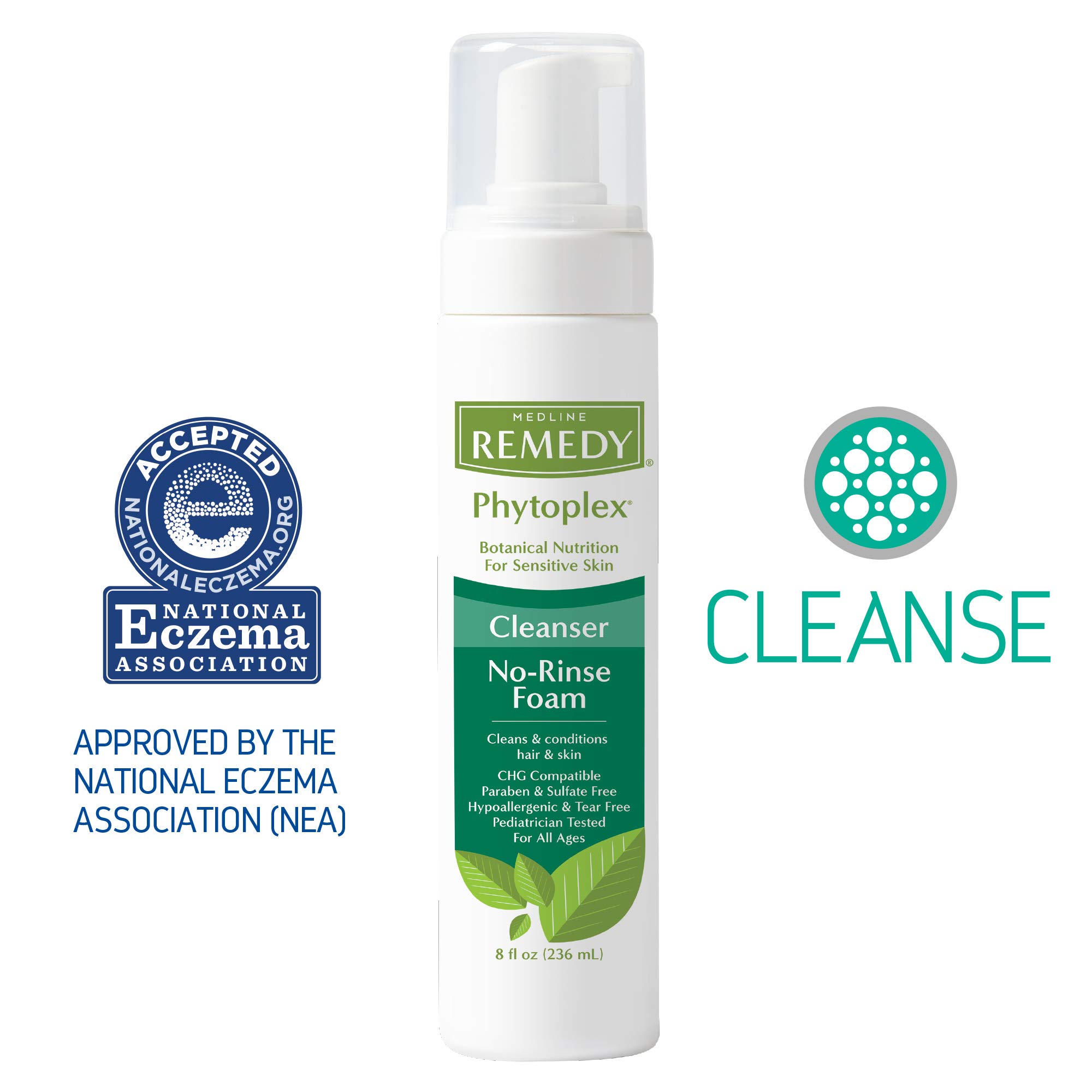 Medline Remedy Phytoplex Hydrating Cleansing Foam, No-Rinse Body Wash and Shampoo, Paraben and Sulfate-Free, 8 fl oz