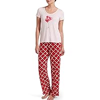 HUE Women's Printed Knit Short Sleeve Tee and Long Pant 2 Piece Pajama Set