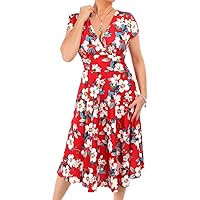 Women's Short Sleeve V Neck Printed Fit and Flare Knee Length Dress
