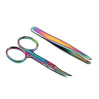 OdontoMed2011® Pack of 2 Pieces Eyebrow Scissor Curved + Slant TIP TWEEZER Facial Hair Remover Multi Color Rainbow Stainless Steel Makeup Tool Set