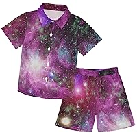 visesunny Toddler Boys 2 Piece Outfit Button Down Shirt and Short Sets Purple Nebula and Galaxy Boy Summer Outfits