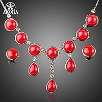 Amazing Gold Color Stellux Austrian Crystal Red Viscose Earrings and Necklace Jewelry Set