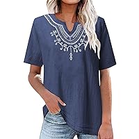 Shirts for Women, Cotton Linen Embroidered Shirt V Neck Solid Color Women's Artistic Loose Fitting, S, XXL