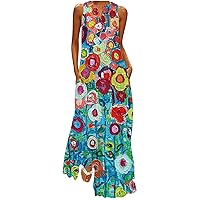 SMIDOW Summer Maxi Dresses for Women 2023 Beach Sleeveless Flowy Long Sundress Floral Print Notch v Neck Hawaiian Dress