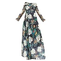 Women's Casual Summer Maxi Dress Floral Print Loose Pleated Tank Dress Long Sleeve Simple Comfy Flowy Dresses with Belt