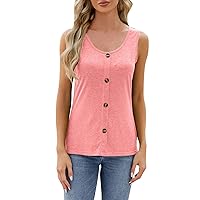 Womens Summer Sleeveless Casual Solid Basic T Shirts Button Scoop Neck Tanks Blouse Cute Tank Tops for Women Trendy
