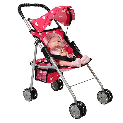 The New York Doll Collection My First Doll Stroller with Basket & Heart Design Foldable Doll Stroller, Pink