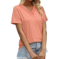 Summer Tops for Women 2024 Solid Color Patchwork Crochet Fashion with Short Sleeve V Neck Casual Shirts